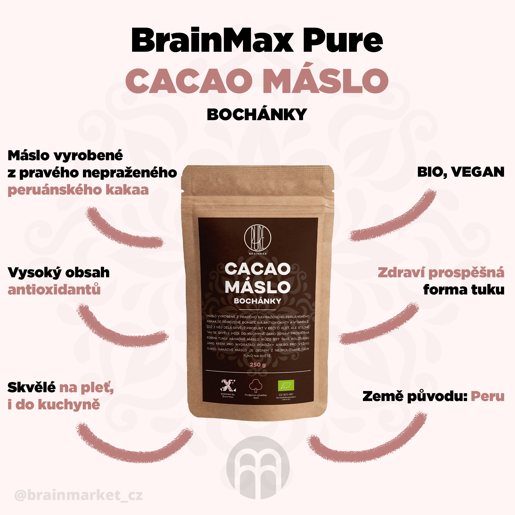 BrainMax Pure Kakaové máslo BIO - bochánky, 250g - BrainMarket.cz